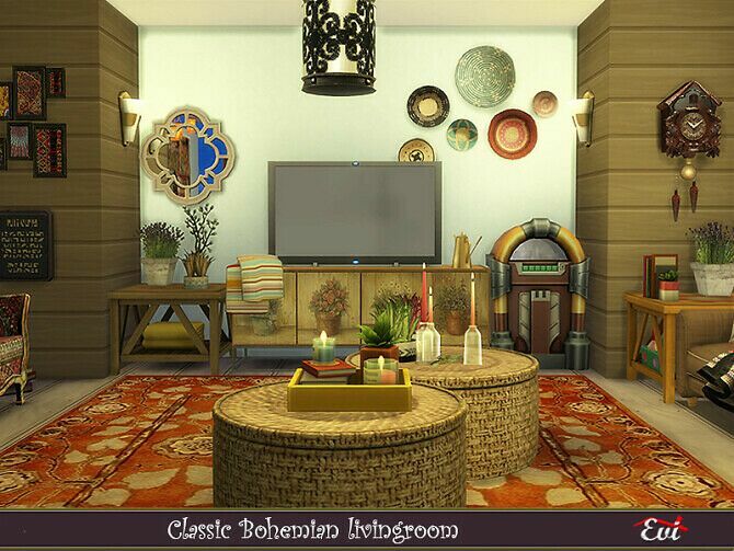 sims 4 cc classic bohemian livingroom by evi 2