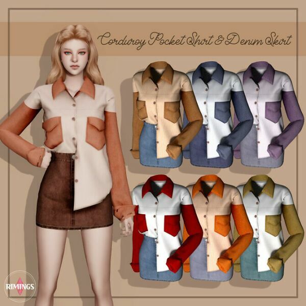 Corduroy Pocket Shirt & Denim Skirt At Rimings Sims 4 CC