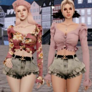 Cubic Button Puff Blouse & Belt Frill Shorts At Rimings Sims 4 CC