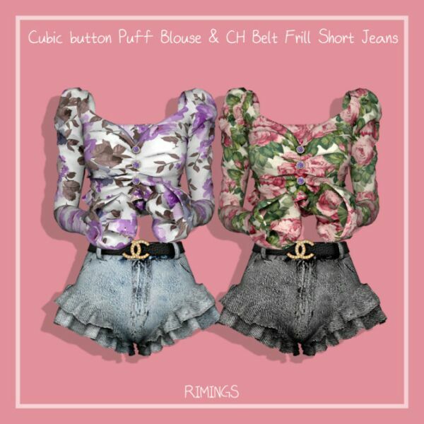 sims 4 cc cubic button puff blouse belt frill shorts at rimings 2