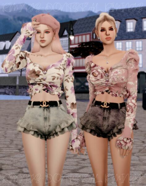 sims 4 cc cubic button puff blouse belt frill shorts at rimings 3