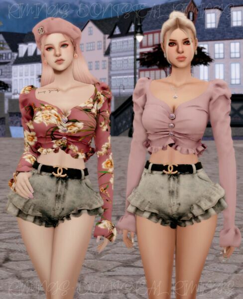 sims 4 cc cubic button puff blouse belt frill shorts at rimings 4