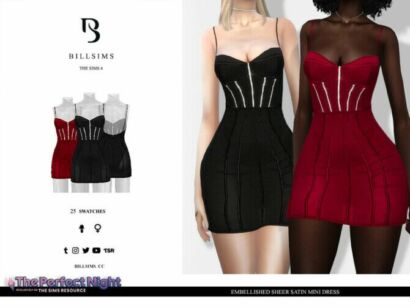 Embellished Sheer Satin Mini Dress By Bill Sims Sims 4 CC