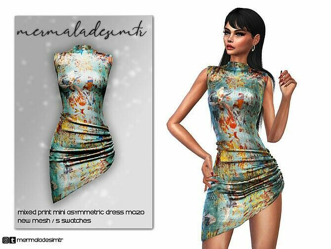 Mixed Print Mini Asymmetric Dress By Mermaladesimtr Sims 4 CC