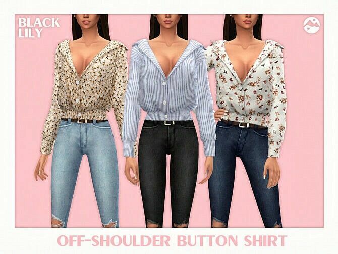 Off-Shoulder Button Shirt By Black Lily Sims 4 CC