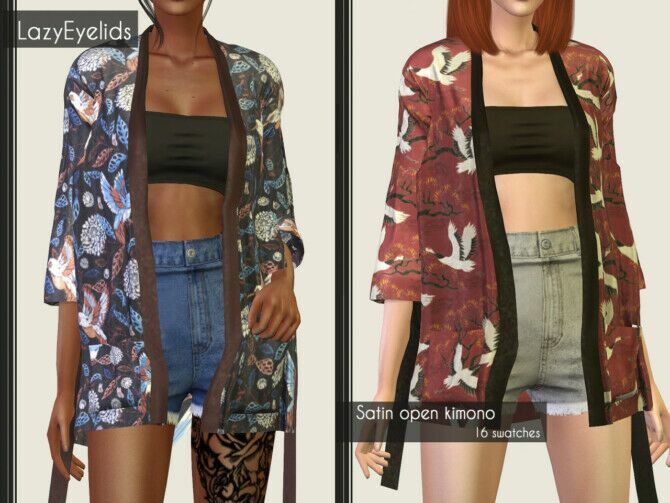 Satin Kimono & Pants + Bandeau Crop Top & Skirt At Lazyeyelids Sims 4 CC