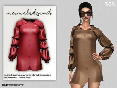 Shirt Dress Ruched Sleeve Oversized By Mermaladesimtr Sims 4 CC