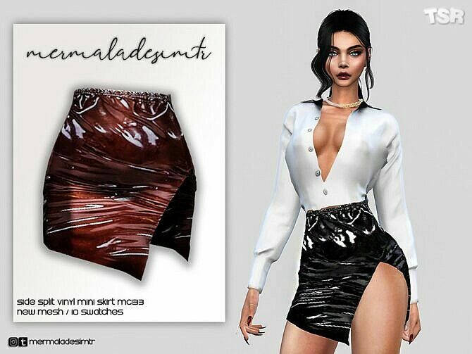 Side Split Vinyl Mini Skirt Mc133 By Mermaladesimtr Sims 4 CC