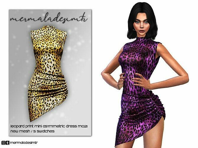 Leopard Print Mini Asymmetric Dress MC121 By Mermaladesimtr Sims 4 CC