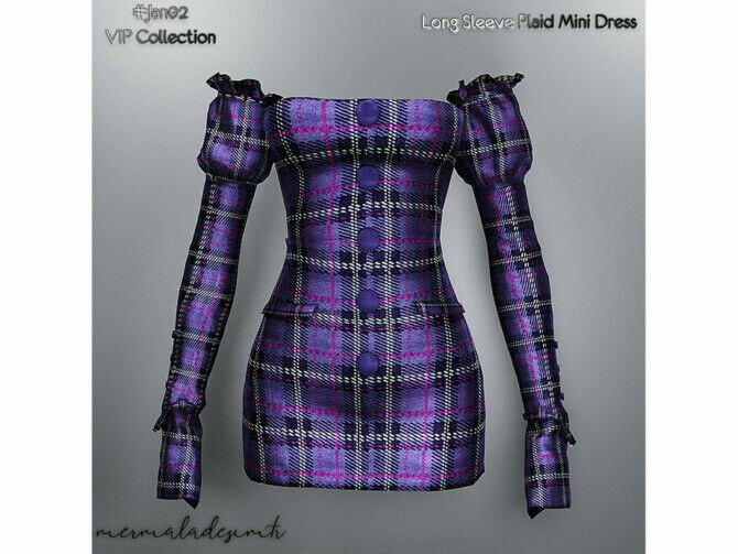 sims 4 cc long sleeve plaid mini dress by mermaladesimtr 3