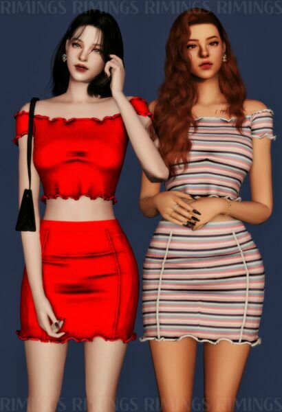 sims 4 cc new ribbed off shoulder crop top short skirt at rimings 3