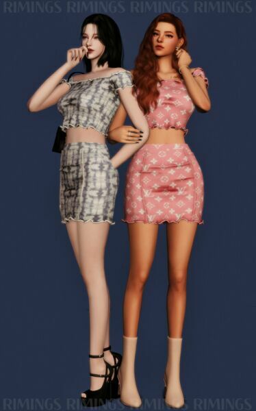 sims 4 cc new ribbed off shoulder crop top short skirt at rimings 4