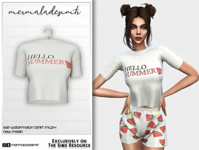 Pyjamas SET Watermelon T-Shirt MC214 By Mermaladesimtr Sims 4 CC