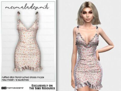 Ruffled Ditsy Floral Ruched Dress MC231 By Mermaladesimtr Sims 4 CC