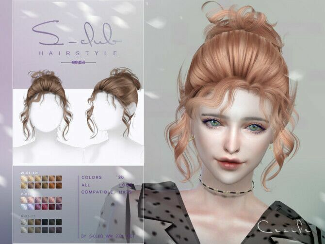 sims 4 cc curly bun hairstyle cecile by s club wm 2