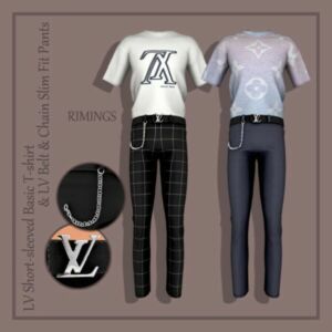 Short-Sleeved Basic T-Shirt & Belt & Chain Slim FIT Pants At Rimings Sims 4 CC