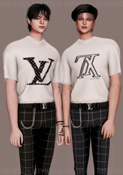 sims 4 cc popular short sleeved basic t shirt belt chain slim fit pants at rimings 2