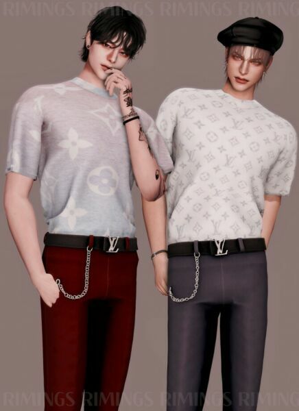 sims 4 cc popular short sleeved basic t shirt belt chain slim fit pants at rimings 3