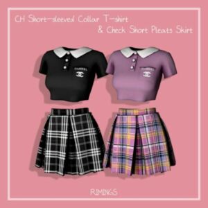 Sleeved Collar T-Shirt & Check Short Pleats Skirt At Rimings Sims 4 CC