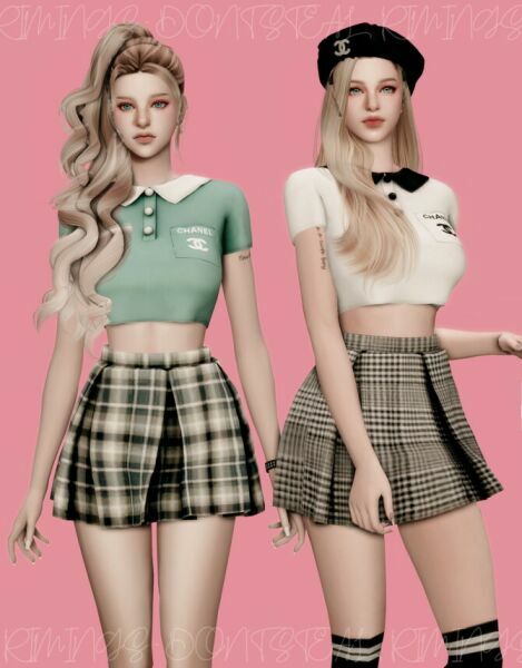 sims 4 cc sleeved collar t shirt check short pleats skirt at rimings 2