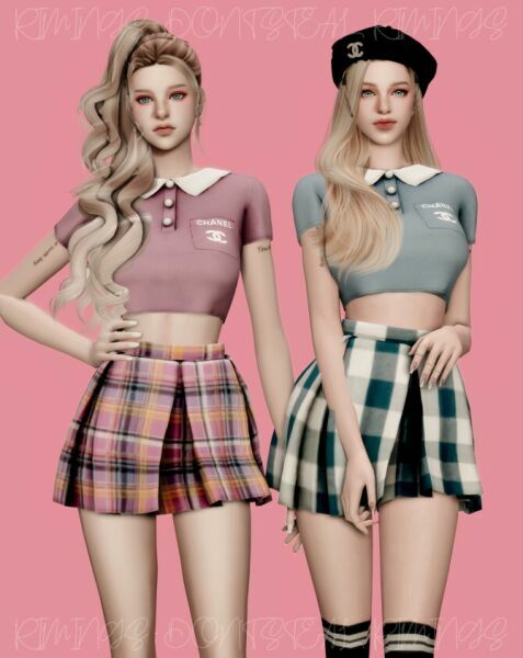 sims 4 cc sleeved collar t shirt check short pleats skirt at rimings 3