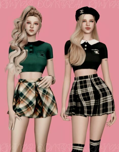 sims 4 cc sleeved collar t shirt check short pleats skirt at rimings 4