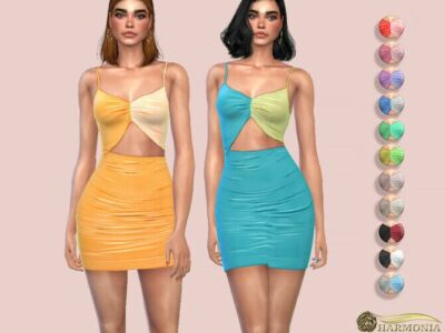 Slinky Ruched Contrast Detail Cut-Out Dress By Harmonia Sims 4 CC