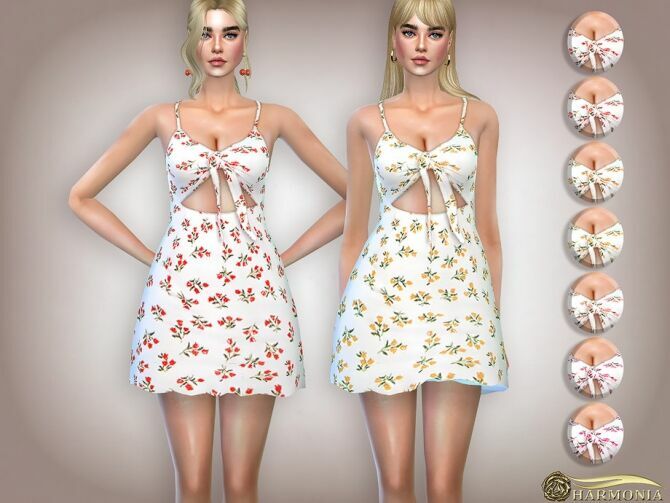 Ditsy Floral Print TIE Front Mini Dress By Harmonia Sims 4 CC