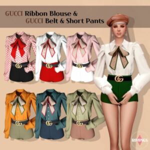 Ribbon Blouse + Belt & Short Pants At Rimings Sims 4 CC