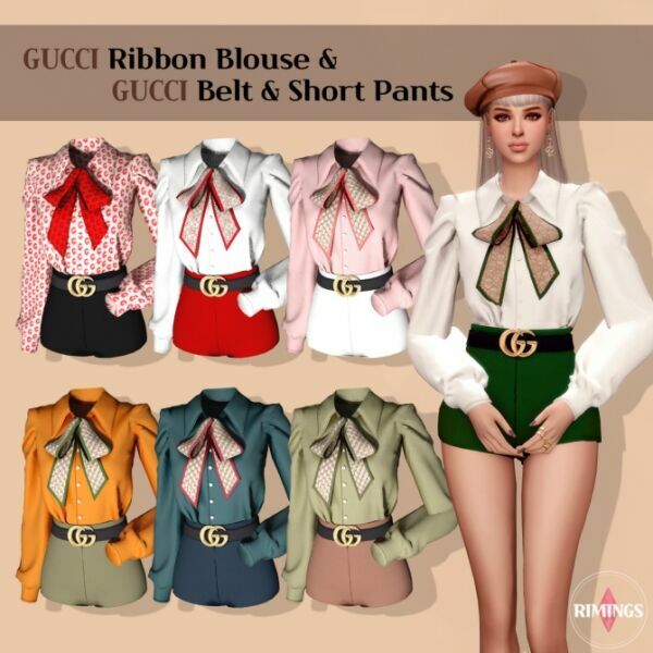 Ribbon Blouse + Belt & Short Pants At Rimings Sims 4 CC