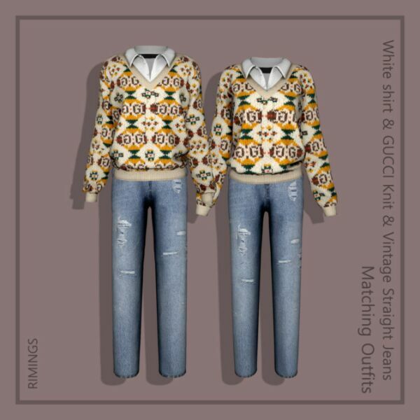 White Shirt & Knit Sweater & Vintage Straight Jeans At Rimings Sims 4 CC