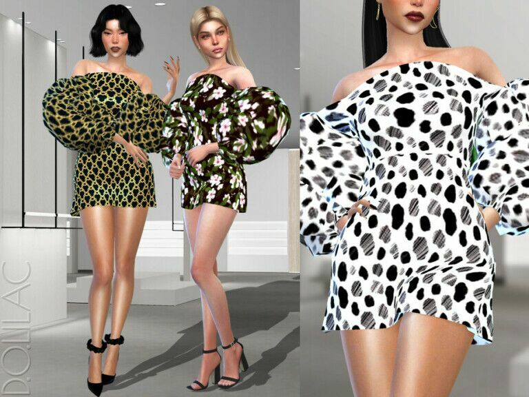 Bubble Sleeve Print Mini Dress DO340 By D.o.lilac Sims 4 CC