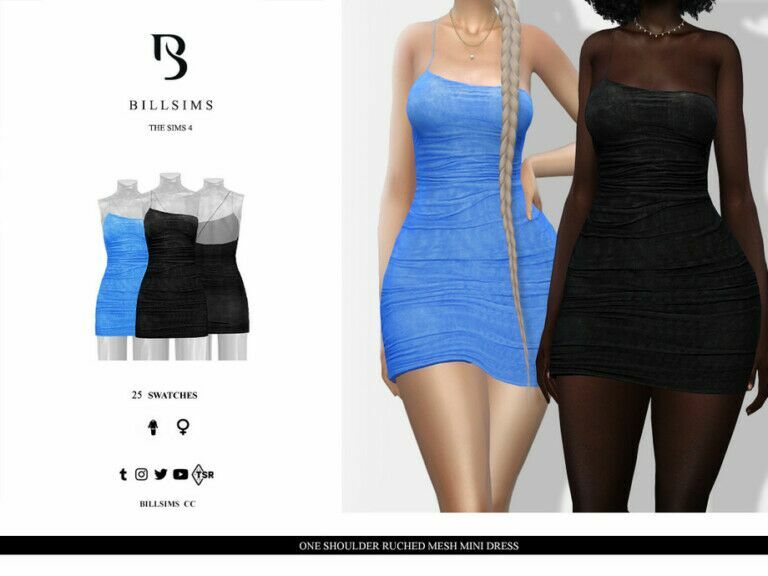 ONE Shoulder Ruched Mesh Mini Dress By Bill Sims Sims 4 CC