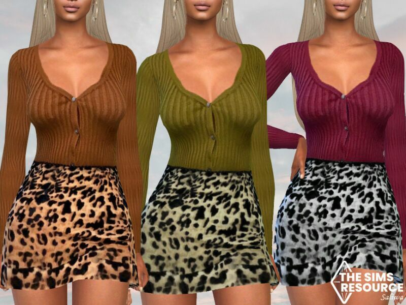 Cardigan Outfit With Leopard Skirt By Saliwa Sims 4 CC