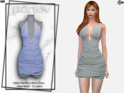 Halter Backless Maxi Dress By Portev Sims 4 CC