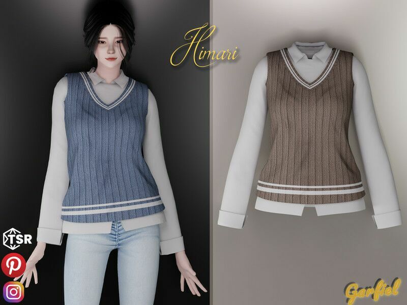 Himari – White Shirt And Knitted Vest For / Everyday Sims 4 CC