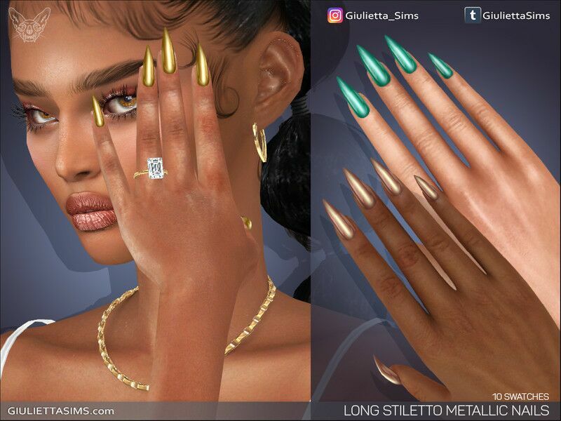 Long Stiletto Metallic Nails By Feyona Sims 4 CC