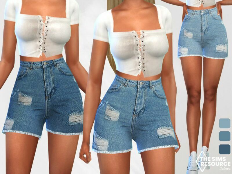 Mesh Denim Trendy Ripped Shorts By Saliwa Sims 4 CC