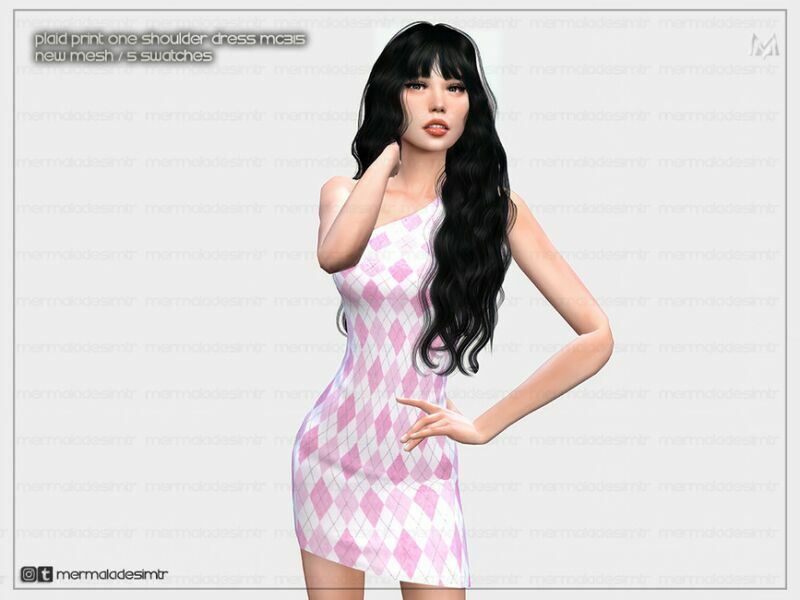 Plaid Print ONE Sholder Dress MC315 By Mermaladesimtr Sims 4 CC