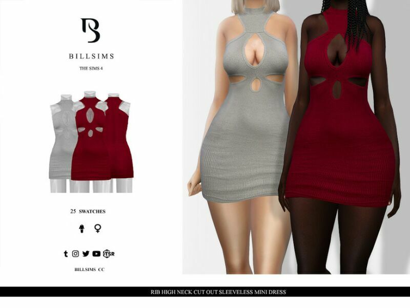 RIB High Neck CUT OUT Sleeveless Mini Dress Sims 4 CC