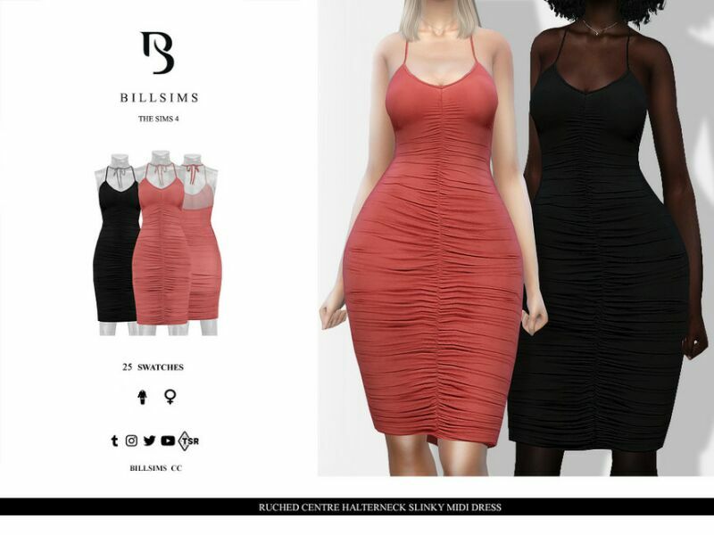 Ruched Centre Halterneck Slinky Midi Dress Sims 4 CC