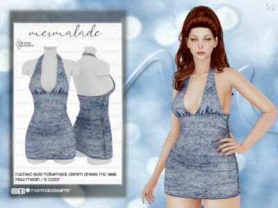 Ruched Side Halterneck Denim Dress MC368 By Mermaladesimtr Sims 4 CC