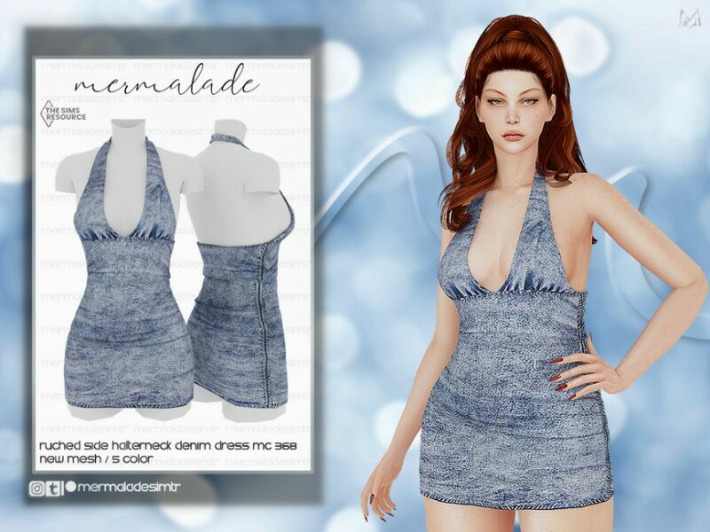 Ruched Side Halterneck Denim Dress MC368 By Mermaladesimtr Sims 4 CC