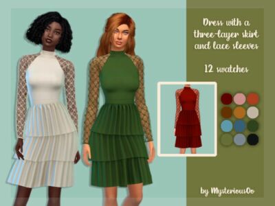 Dress With A Three-Layer Skirt And Lace Sleeves By Mysteriousoo Sims 4 CC