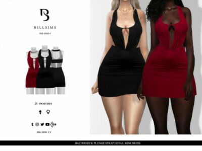 Halterneck Plunge Strap Detail Mini Dress Sims 4 CC