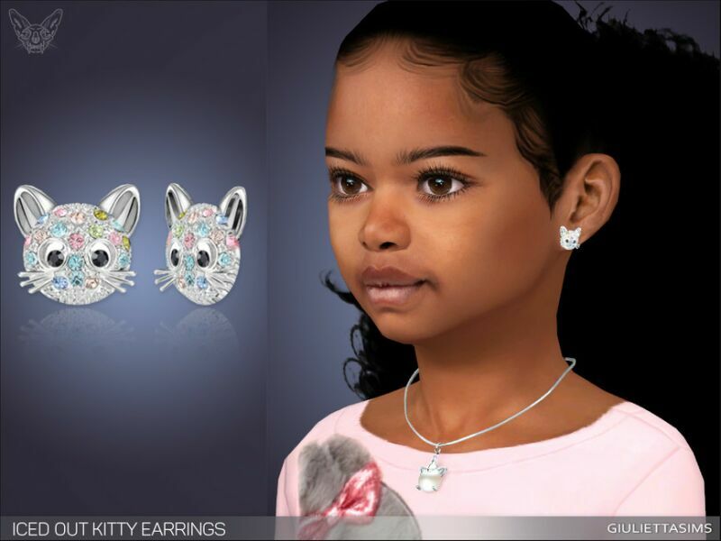 Iced OUT Kitty Earrings For Kids By Feyona Sims 4 CC