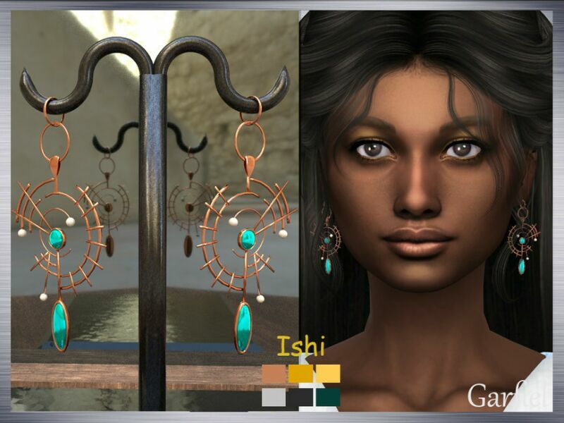 “Ishi” Copper Earrings With Pearls And Turquoise By Garfiel Sims 4 CC