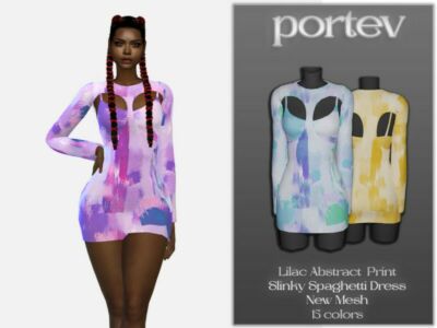 Lilac Abstract Print Slinky Spaghetti Dress By Portev Sims 4 CC