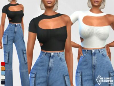 ONE Shoulder Short Sleeve Crop Tops By Saliwa Sims 4 CC