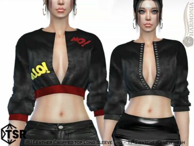 PU Leather Cropped TOP Long Sleeve By Harmonia Sims 4 CC